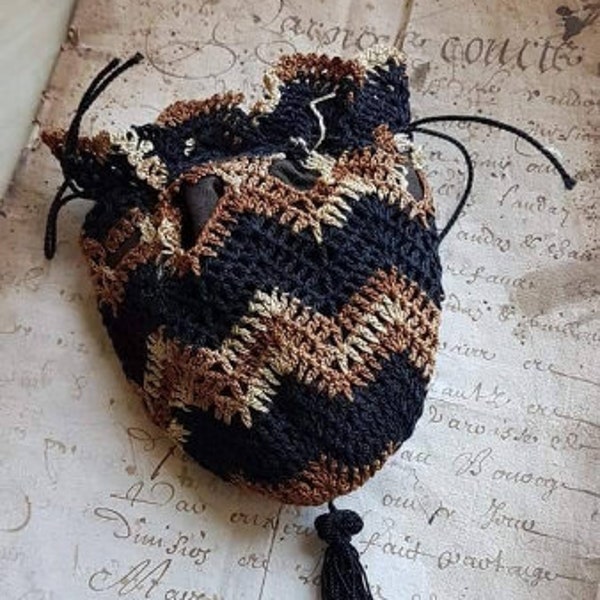 Sweet 19thC Antique French Hand-worked Porte Monnaie Drawstring Purse-for Restoration.Striking Colourway,Black,Brown,Ecru Zig Zag Design