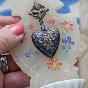 Stunning Antique French Religious Blue Enamelled Heart / Ceour Crucifix-Handpainted Alabaster Backplate & Porcelain Holy Water Font Benetier