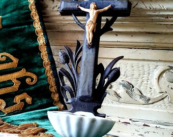 Rare 19thC Antique French Ebonised Religious Crucifix Benetier c.1880 featuring Primitive Rustic Carved Detail and Ceramic Shell Water Font