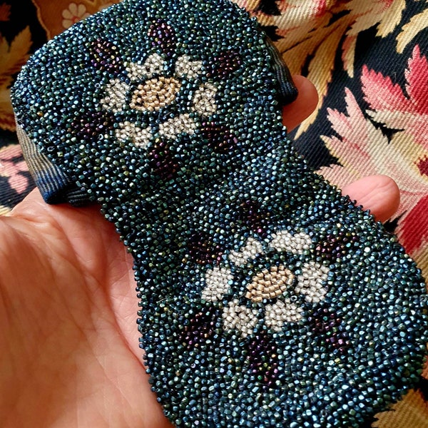 Exquisite Unique Petit Antique French Beaded Textile Porte Monnaie / Beadwork Vanity Purse,Shimmering Blue & Purple Beads,Mirrored Interior