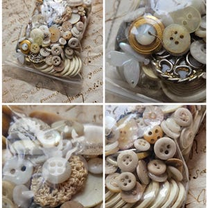 May include: Four bags of assorted white and cream colored buttons. The buttons are in various shapes and sizes, including round, square, and oval. Some of the buttons have holes, while others have shanks. The buttons are in a clear plastic bag.