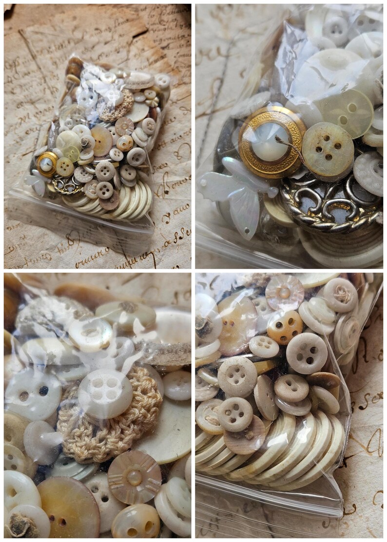 May include: Four bags of assorted white and cream colored buttons. The buttons are in various shapes and sizes, including round, square, and oval. Some of the buttons have holes, while others have shanks. The buttons are in a clear plastic bag.