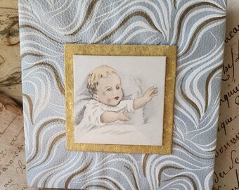 Sweet Antique French Art-Deco Square Baptism Box,Christening,New Baby etc,Blue Swirl Design,Pristine unused Condition,Beautiful Image..