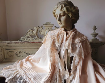 Stunning Rare 19thC Antique French Chateau Find-Child's / Infant's / Doll's Ruffled Silk & Lace Cape / Shawl-Christening / Baptism / Wedding