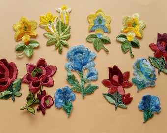 3 different sets of vintage flowers, old embroidery appliques, vintage flower embroidery for sewing