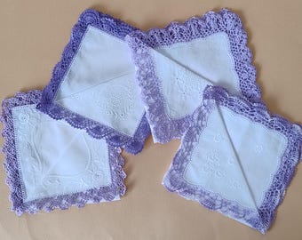 Lenços vintage com borda roxa feita à mão em crochê / Lenço de algodão em crochê / Lenço de bolso feito à mão em crochê