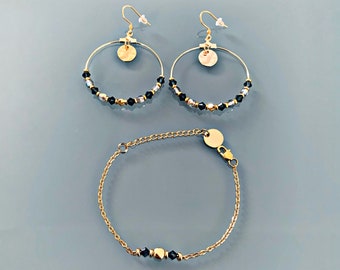 Blue and gold hoop jewelry and bracelet set, gold plated irregular pearl bracelet, gift idea for women, gift jewelry