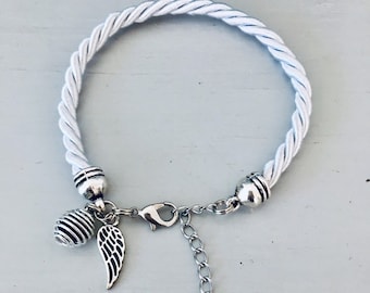 Grey woman bracelet with angel wing pendant and perfume pearl, jewelry gifts, lucky charm bracelet, angel wing jewel, gift idea
