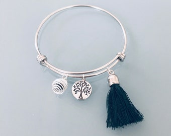 Stainless Steel Tree of Life Bangle Bracelet with Tassel and Pearl Perfume, Stainless Steel Bracelet, Gift Idea, Jewelry Gifts