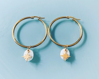 Moon hoops, Golden moon hoops earrings and turquoise and gold beads, women's jewel, gold creoles, gilded jewel, jewelry gifts, women's gift