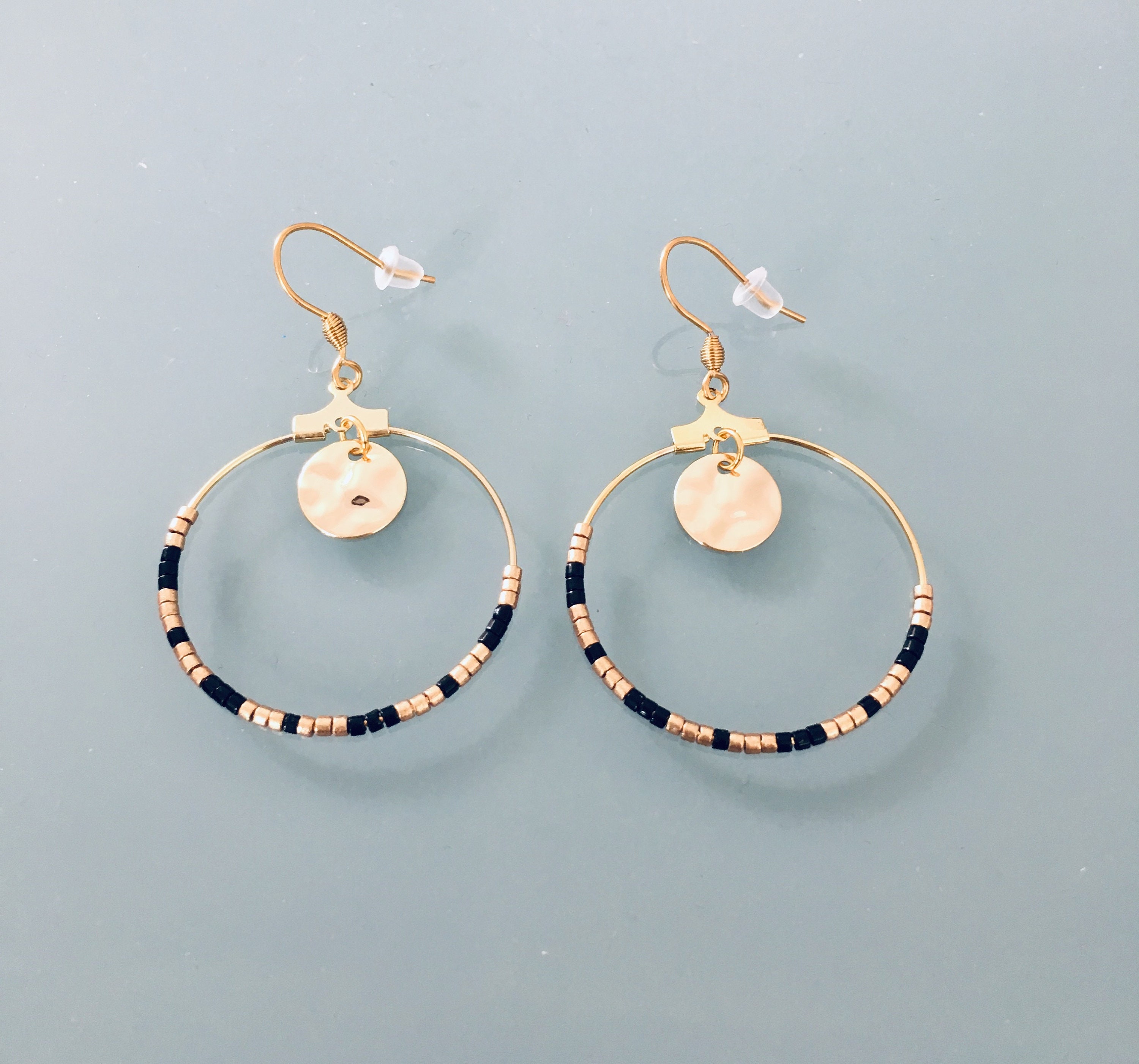 Gold creole earrings and black pearls, women's jewelery, golden creoles