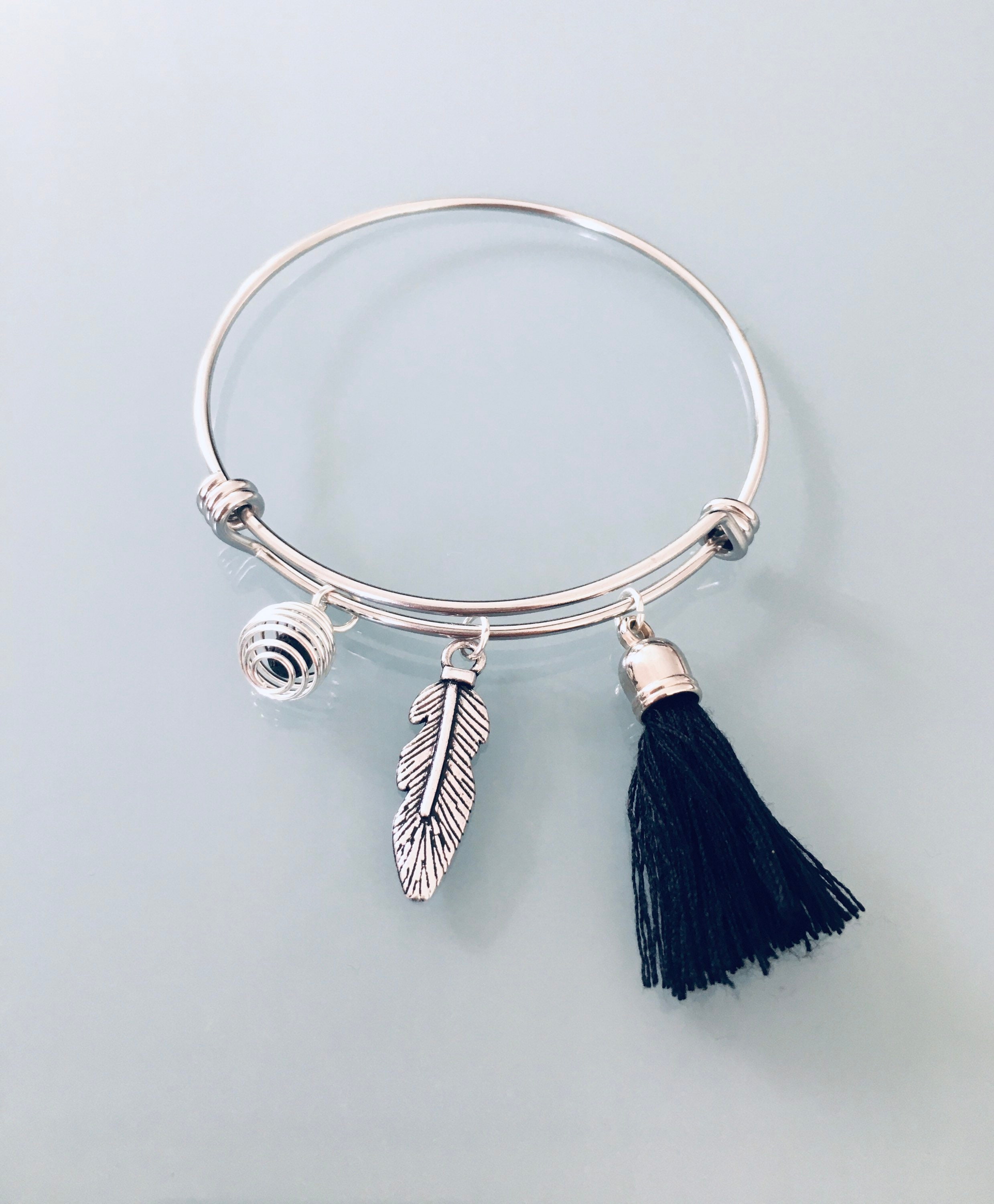 Stainless Steel Bangle Bracelet with Feather Tassel and Perfume Pearl Stainless Steel Bracelet Gift Idea Jewelery Gifts Feather Jewel