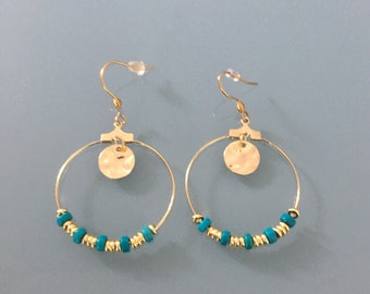 Gilded earrings in stainless steel and Heishi gold and turquoise beads, woman jewel, gift jewellery, woman gift