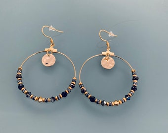 Golden Creole earrings with pendant and stones, Bohemian golden hoops with Swarovski stones and gold plated pearls, jewelry for women