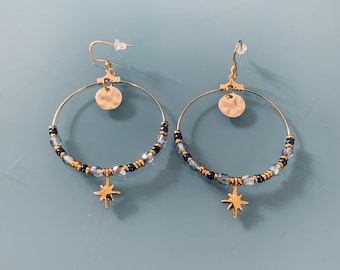 Golden Creole earrings, creoles with pendant and stones, golden rings, golden jewellery