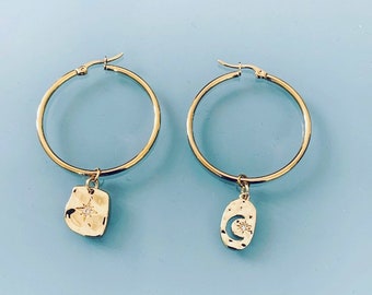 Moon hoops, Golden moon hoops earrings and turquoise and gold beads, women's jewel, gold creoles, gilded jewel, jewelry gifts, women's gift