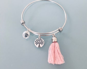 Stainless Steel Tree of Life Bangle Bracelet with Tassel and Pearl Perfume, Stainless Steel Bracelet, Gift Idea, Jewelry Gifts