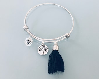 Stainless Steel Tree of Life Bangle Bracelet with Tassel and Pearl Perfume, Stainless Steel Bracelet, Gift Idea, Jewelry Gifts