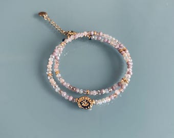 Double Indian pearl bracelet and gold star amulet, women's bracelet with magic natural stones and Heishi pearls plated in 24k gold