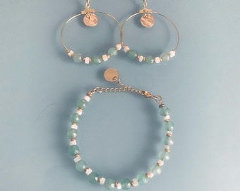 Hoop jewelry set and Jade and gold pearl bracelet, pearl bracelet, gift idea for women, gift jewelry