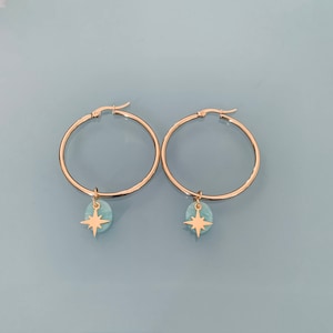 Moon hoops, Golden moon hoops earrings and turquoise and gold beads, women&#39;s jewel, gold creoles, gilded jewel, jewelry gifts, women&#39;s gift