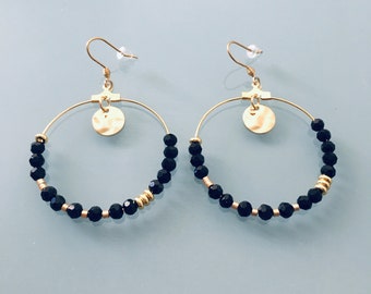 Heishi Creoles, Bohemian Creoles, Golden Creole Earrings and Black Pearls, Women's Jewelry, Gold Creoles, Women's Gift, Women's Jewelry