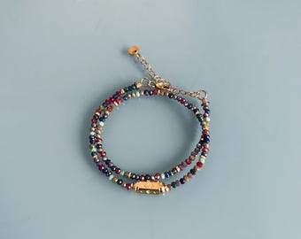 Double Indian pearl bracelet and gold talisman amulet, women's bracelet with natural stone curb chain and Heishi pearls, 24k gold plated