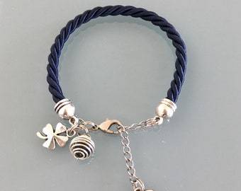 Navy woven silk perfume bracelet with clover, jewelry gifts, woman bracelet, clover jewelry, birthday woman gift idea