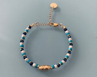 Amulet and pearl bracelet, magic talisman curb bracelet and 24 k gold-plated Heishi pearls, golden bracelet