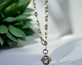 Large link necklace with gold and zirconium pendant, diamond necklace in golden cage, gift idea for women