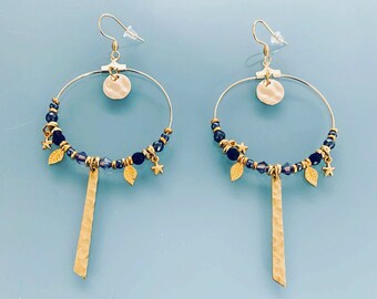 Golden Creole earrings, creoles with pendant and stones, golden rings, golden jewellery