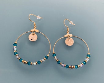 Golden Creole earrings with pendant and stones, Bohemian golden hoops with Swarovski stones and gold plated pearls, jewelry for women