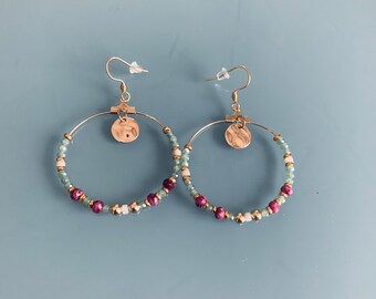 Bohemian creoles with stamps and pearls, women's jewellery, gold creoles, gold jewellery, gift jewelry, women's gift, bohemian jewel