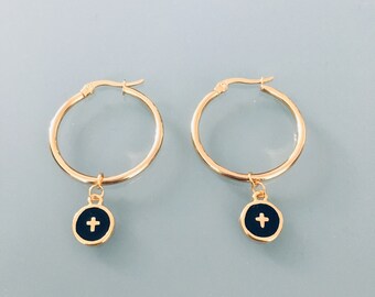 Cross hoops, gold cross and black pearl hoop earrings, jewel for woman, golden creoles, gilded jewel, jewelery gifts, woman gift, jewel