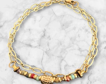 Double Indian pearl bracelet and gold star amulet, women's bracelet with magic natural stones and Heishi pearls plated in 24k gold