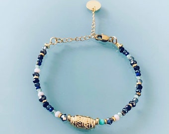 Amulet and hematite bracelet, magic talisman curb bracelet and 24k gold-plated Heishi beads, golden bracelet