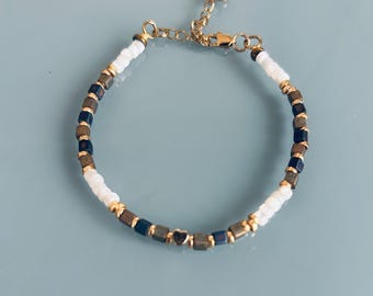 Purple, ochre, gold, and mother-of-pearl square bead bracelet, women's curb chain bracelet with magical natural stones and 24k gold beads