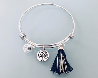 Silver Bangle Bracelet with Tree of Life, Tassel and Perfume Pearl, Silver Woman Bracelet, Gift Idea, Gift Jewelry, Lucky Jewel