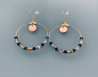 Golden Creole earrings with pendant and stones, Bohemian golden hoops with Swarovski stones and gold plated pearls, jewelry for women
