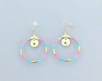 Pink tribal earrings, Pink Earrings, Gold Hoop Earrings, Hoop earrings gold, Turquoise Jewerly