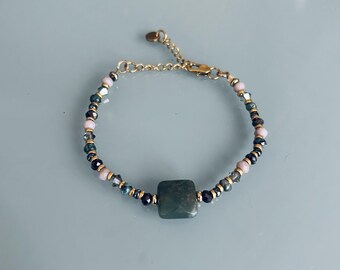 Women's curb chain bracelet with medallion, green aventurine and pink, gray, green, and gold beads