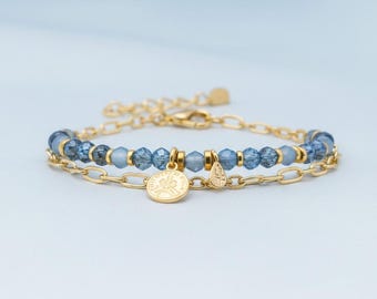 Double bracelet with blue Indian beads and gold-plated lucky coin, women's bracelet with magical natural stones and 24k gold-plated Heishi