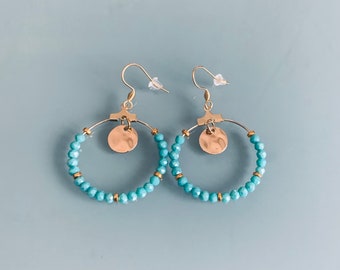 Golden Creole earrings in stainless steel and gold and turquoise beads, women's jewelry, gift jewelry, women's gift, women's gift idea