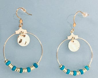 Gilded earrings in stainless steel and Heishi gold and turquoise beads, woman jewel, gift jewellery, woman gift
