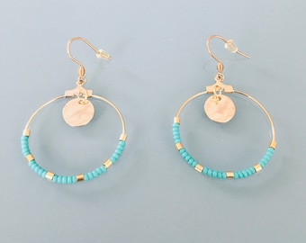 Golden Creole earrings in stainless steel and gold and turquoise beads, women's jewelry, gift jewelry, women's gift, women's gift idea