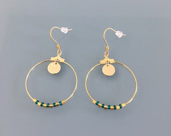 Gold creole earrings and green pearls, women's jewelery, golden creoles, gilded jewelery, jewelry gifts, women's gift, women's jewel