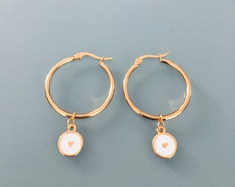 Heart hoops, gold heart creole earrings and white and gold pearls, gold creoles, gilded jewel, jewelry gifts, women gift