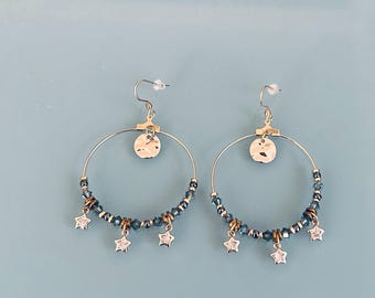Heishi Creoles, Bohemian Creoles, Golden Creole Earrings and Black Pearls, Women's Jewelry, Gold Creoles, Women's Gift, Women's Jewelry