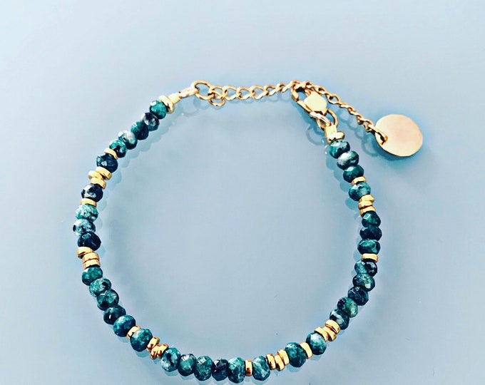 Featured listing image: Bracelet in green Jade beads, women's bracelet curb chain magic natural stones and 24 k gold-plated Heishi beads, golden bracelet, gift