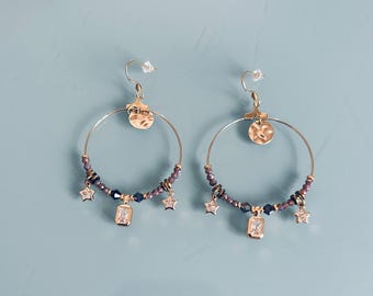 Bohemian star earrings with pendants, tassels and purple and gold beads, golden creoles, gift idea for women